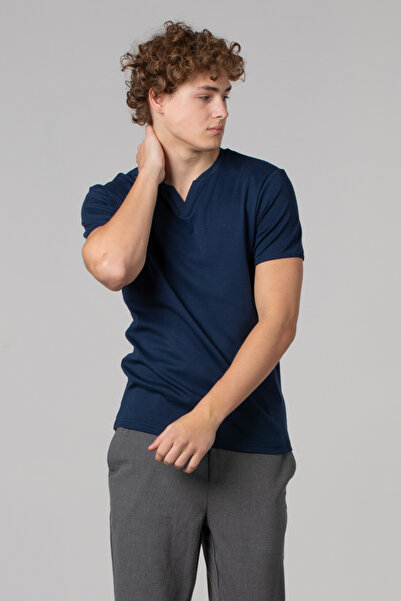 BARRELS AND OIL Collar Detail Ribbed T-Shirt - Indigo