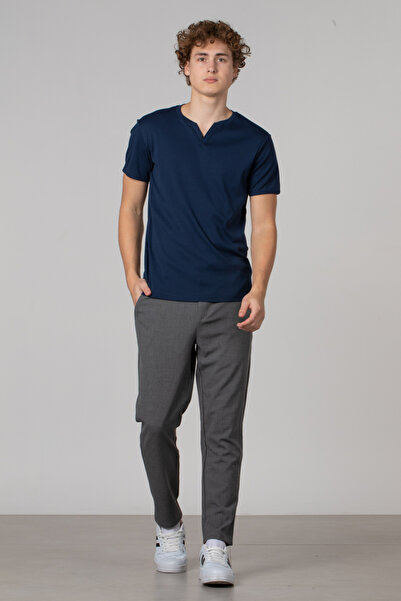 BARRELS AND OIL Collar Detail Ribbed T-Shirt - Indigo