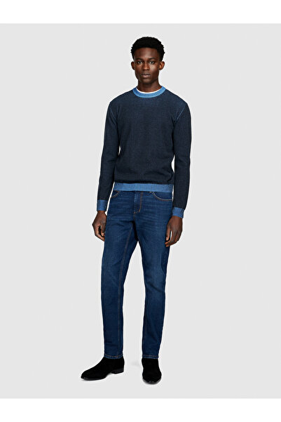 Sisley سترة رجالي ذات ياقة دائرية مصنوعة من مزيج القطن الأزرق الداكن