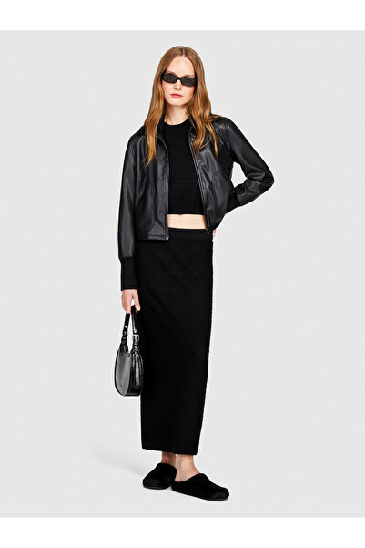 Sisley Black Lurex Fitted Midi Knitwear Women's Skirt