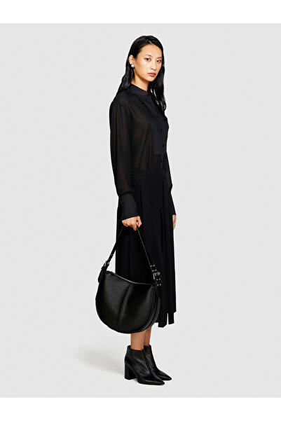 Sisley Black Midi Length Women's Skirt - Pleated and Asymmetric Cut