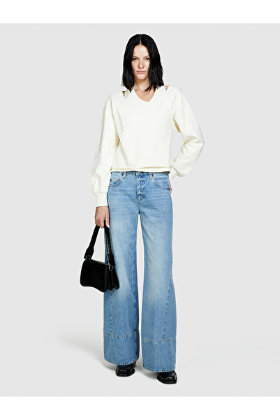 Sisley Γυναικείο πουλόβερ από 100% βαμβάκι σε κρεμ χρώμα με λεπτομέρεια στον ώμο