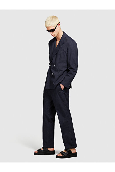 Sisley Мъжко сако с двойно закопчаване в тъмносин цвят с ивици - с джобове, редовна кройка