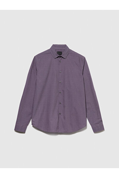 Sisley Ανδρικό πουκάμισο από ποπλίνα με μωβ τετράγωνο στάμπα - 100% βαμβάκι