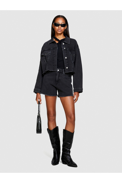 Sisley شورت نسائي من قماش الدنيم الأسود ذو 5 جيوب