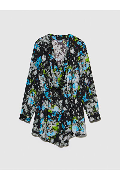 Sisley Γυναικείο μακρυμάνικο φόρεμα Acid Green με σχέδιο V-λαιμόκοψη - Ελαφρώς ντραπέ