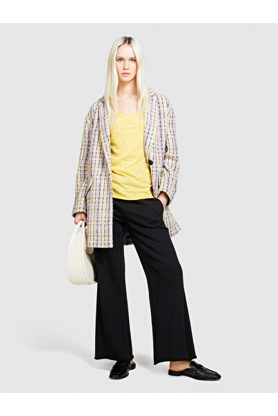 Sisley تي شيرت قطني أصفر مشروط برقبة على شكل حرف V - مقاس عادي