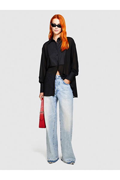 Sisley Kadın Siyah Comfort Fit Gövde ve Kolları Şifonlu Gömlek