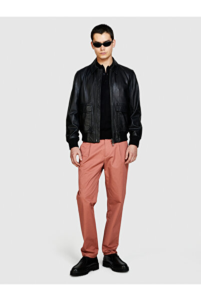 Sisley Erkek Siyah Cep Detaylı Etek Ucu ve Kolları Ribanalı Deri Ceket