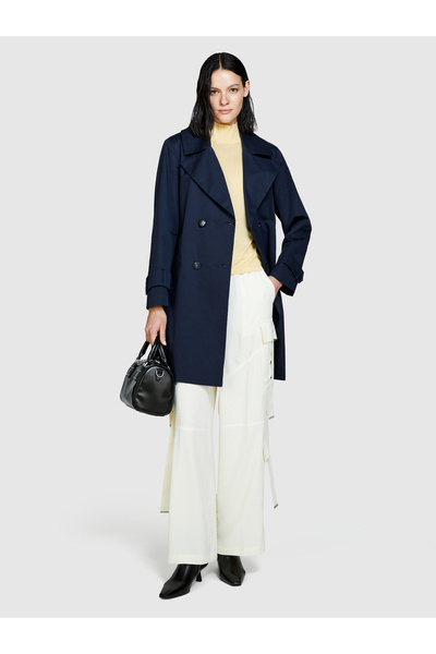 Sisley Navy Blue Belted Waist - 100% Cotton Wide Collar Women's Trench Coat