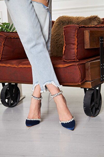 Atelierby DS Lacivert Saten Çift Taşlı 11 Cm Kadın Topuklu Ayakkabı