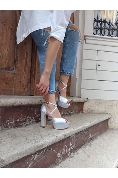 DS AYAKKABI Silver Satin Platform Cross Strap Women's Heeled Shoes