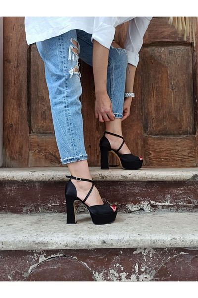 DS AYAKKABI Black Satin Platform Cross Strap Women's Heeled Shoes