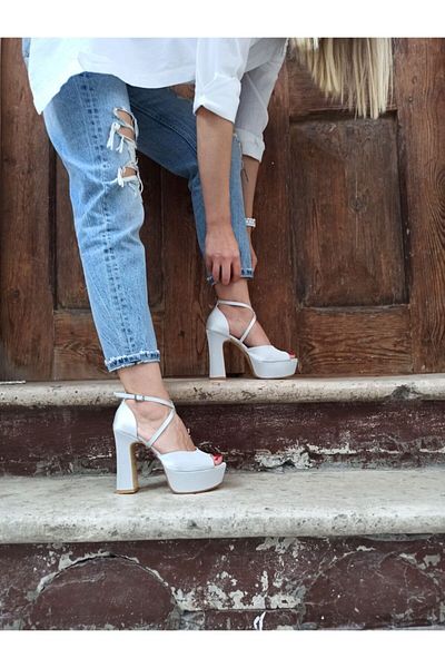 DS AYAKKABI Silver Satin Platform Cross Strap Women's Heeled Shoes
