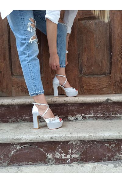 DS AYAKKABI Silver Satin Platfrom Leaf Stone Cross Strap Women's Heeled Shoes