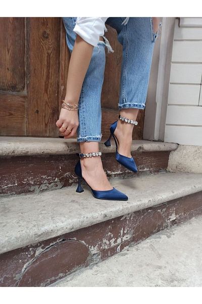 Atelierby DS Navy Blue Satin Ankle Stones 9 cm Heel Bracelet Women's Heeled Shoes