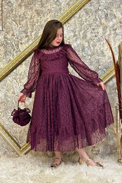 ABİYEKİDS فستان سهرة للأطفال على طراز الدانتيل مع حقيبة البرقوق Aby4555