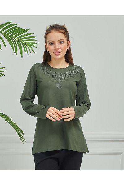 Stilmony Women's Mother Khaki Embroidered Casual Middle Age Combed Cotton Blouse