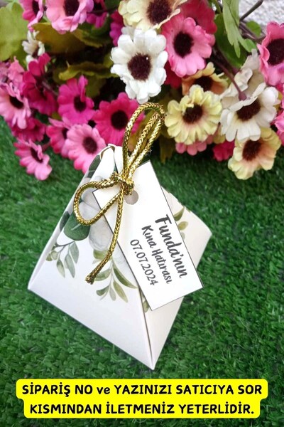 Emtory Home 30 Adet Gold İpli Yeşil Çiçekli Piramit Kutu -  Kına Hediye Kutus...