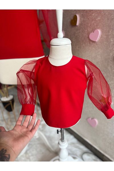 NA ADDESIGN Mother and Daughter Red Blouse with Tulle Sleeves (Must be Added Separately to the Cart. The Price Displayed is the Price per Piece)