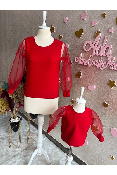 NA ADDESIGN Mother and Daughter Red Blouse with Tulle Sleeves (Must be Added Separately to the Cart. The Price Displayed is the Price per Piece)