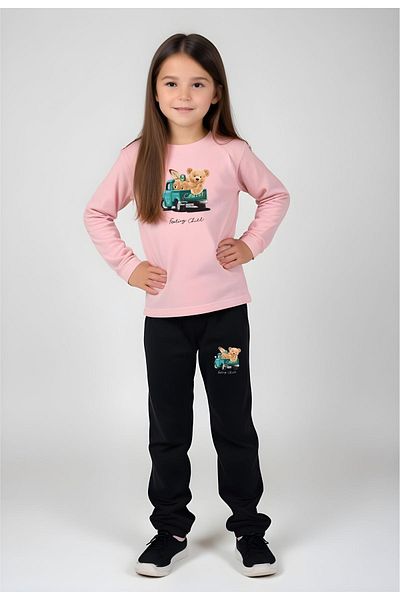 YA KO KİDS Teddy Bear Printed Top and Bottom Set for Girl