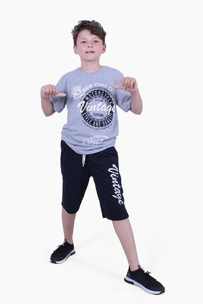 YA KO KİDS 95 Vintage Text Detailed Boy's Summer Set