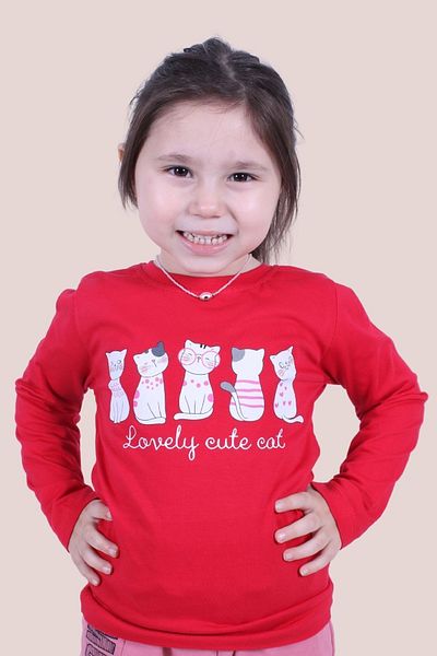 YA KO KİDS Суитшърт с шарки Meow-fly-cute за момиче - червен, бял и сив, дълъг ръкав
