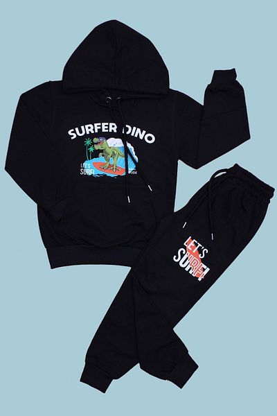 YA KO KİDS طقم بدلة رياضية للأولاد مكون من 3 قطع من Surfer Dino-cool Boy-Miami مطبوع باللونين الأسود والرمادي والأزرق الداكن