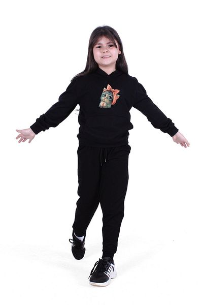 FYK COLLECTİON Cute Cat Printed Unisex Παιδική τσέπη καγκουρό με κουκούλα μαύρη φόρμα
