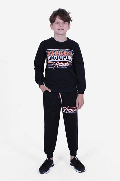 YA KO KİDS 3-częściowy casualowy denim-Nyc 91-X North East Printed chłopięcy dres z okrągłym dekoltem w kolorze czarno-szarym-dymnym