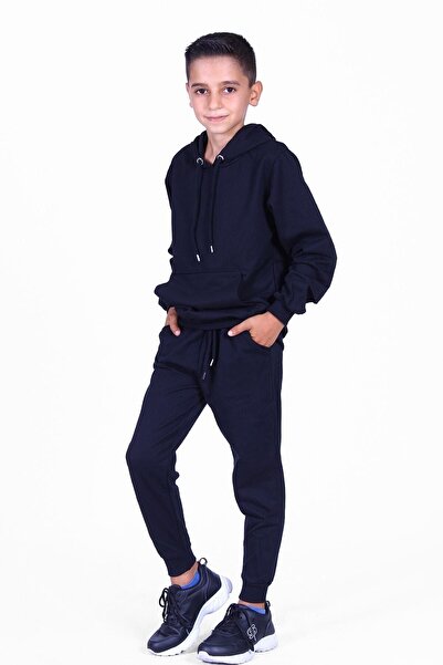 YA KO KİDS Σετ αθλητικής φόρμας 3 τεμαχίων απλή τσέπη καγκουρό για αγόρι με κουκούλα μπλε-γκρι-μαύρο