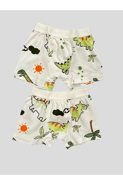 elmas kids Boy's Cotton White Dinosaur Patterned Wide Elastic 2-Piece Boxers