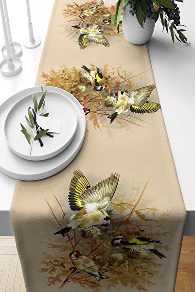 Pelangi Beige Bird Patterned Stain Resistant Fabric - Living Room Kitchen Tab...