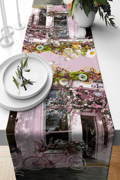 Pelangi Bicycle Themed Pink Stain Runner - Non-Resting Fabric, Living Room Kitchen Table, Changed Ranir Models
