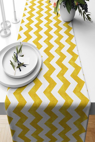 on the clouds Yellow and White Geometric Zigzag Pattern - Stain Resistant Fabric Living Room and Kitchen Table Runner