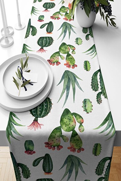 Pelangi Yeşil Kaktüs Desenli Leke Tutmaz Kumaş Salon Mutfak Masa Değişik Ranı...