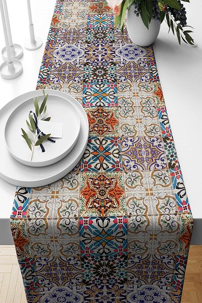 Pelangi Stain Resistant Tile Patterned Living Room Kitchen Table Runner - Different Ranir Models