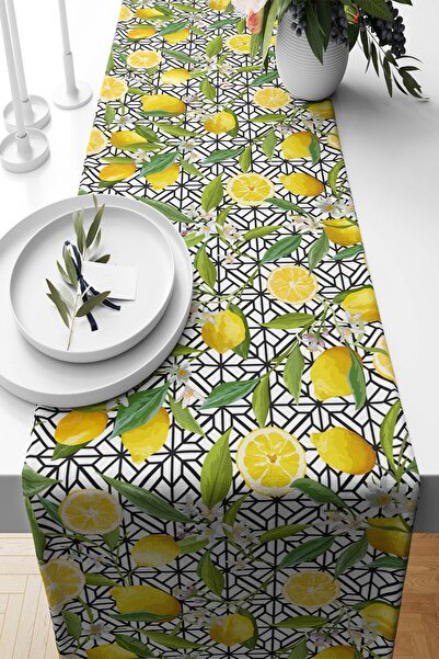 Pelangi Lemon Patterned Living Room Kitchen Table Runner - Stain Resistant Fa...