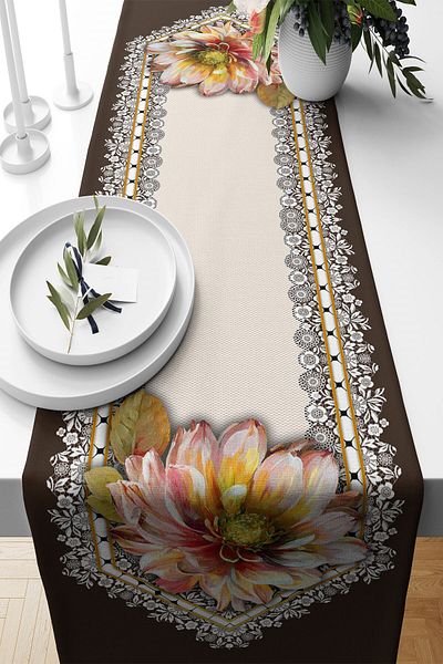 Pelangi Floored Flower Patterned Stain Resistant Fabric - Living Room and Kitchen Table Runner