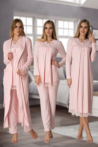 Effort Pijama طقم بيجامة نسائي وردي بأكمام طويلة من Effort، ثوب نوم، ثوب نوم للحوامل، طقم مكون من 4 قطع 4036