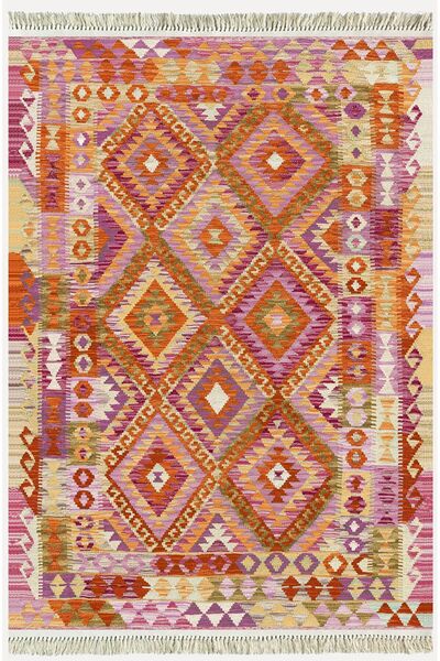 kilim home Covor decorativ țesut cu model geometric, în tonuri de roz, din se...