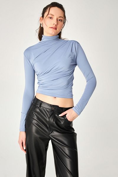 Kallisto Light Blue Polyamide Stand Collar Draped Blouse