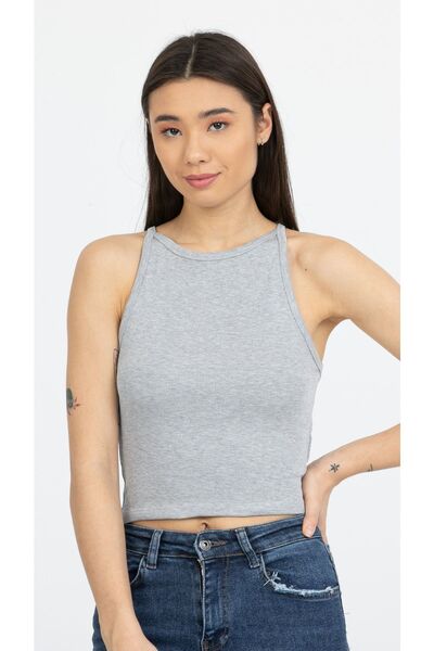 Kallisto Πλεκτό εσώρουχο Crop με γιακά γκρι μελανζέ με ραβδώσεις