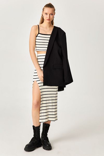 Kallisto Ecru Striped Cotton Strappy Crop Skirt Set