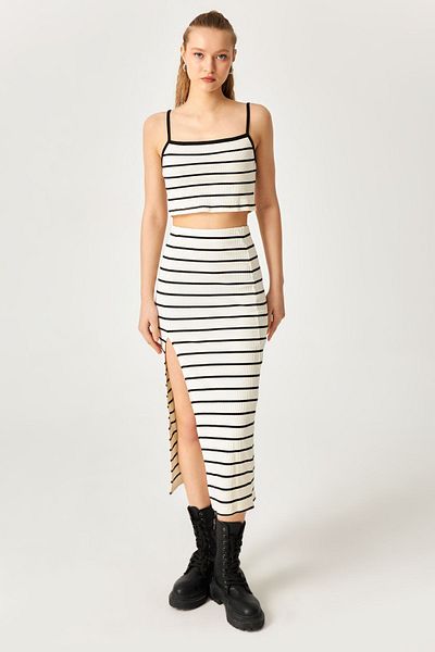 Kallisto Ecru Striped Cotton Strappy Crop Skirt Set