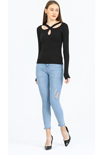 Kallisto بلوزة بأكمام طويلة باللون الأسود الكاكاو مع تفاصيل قطع قطرة