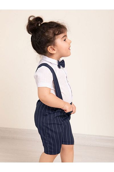 Mika Bebek & Çocuk Navy Blue Striped Fabric Baby Boy Summer Salopet with Bow Tie Eid Suit