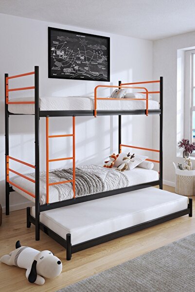 FANO Trend Yavrulu Ranza 90x190 Yatak Uyumlu 3 Kişilik Turuncu Metal Ranza Karyola