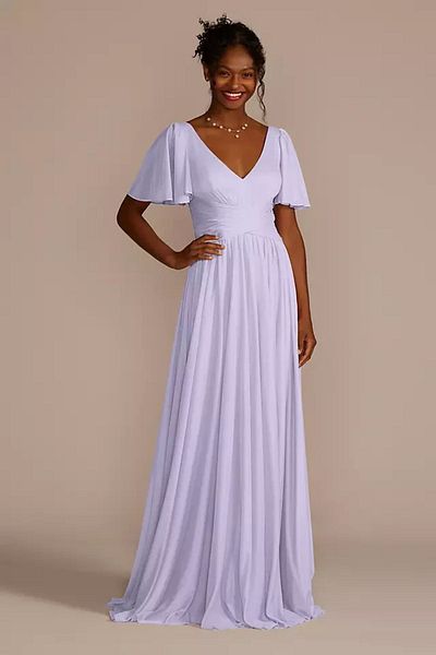 Oleg Cassini Long Lilac Evening Dress - Short Sleeve F19933
